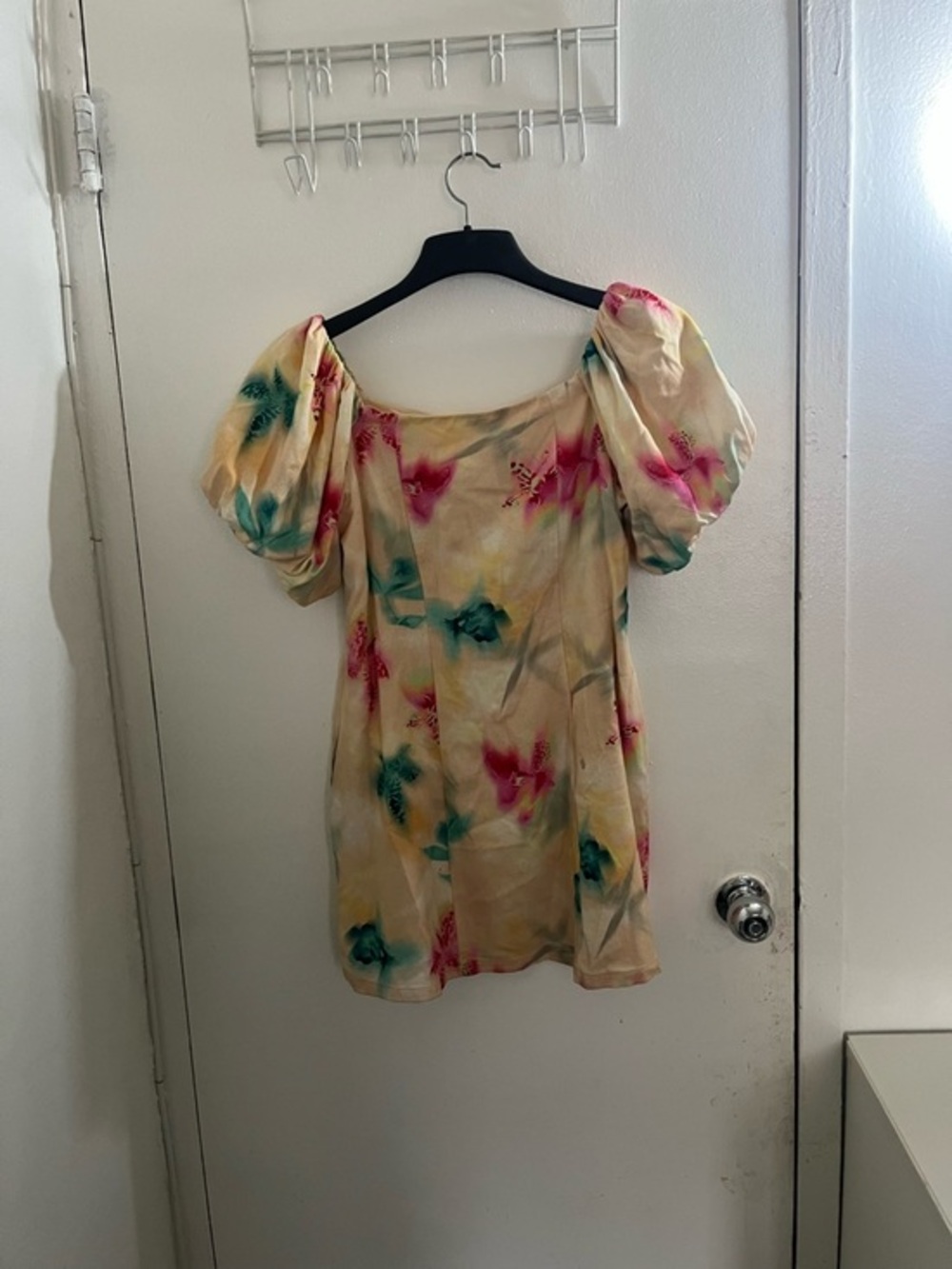 Bar III Yellow Floral Puff-Sleeve Tunic dress with Pink and Teal Accents